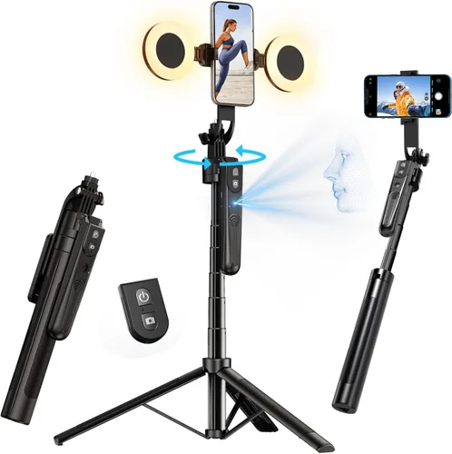 Vista 7 de Trípode de seguimiento automático de cara de 70.9 pulgadas con rotación de 360 grados y anillo de luz de 10 pulgadas, trípode para teléfono y selfie