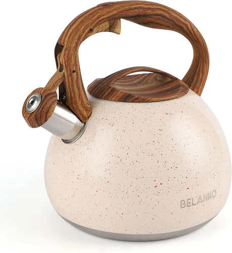 Vista 9 de BELANKO Hervidor de té de 2.7 cuartos de galón para estufas, tetera de acero inoxidable de grado alimenticio con silbato fuerte, mango de madera