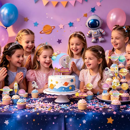 Vista 4 de Ercadio 1 pieza de decoración para tartas de niña espacial, luna, estrella, cohete, planeta, decoración de pasteles, espacio de feliz cumpleaños