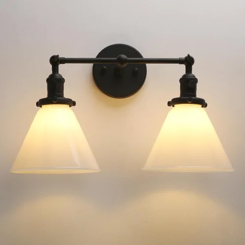 Vista 2 de PERMO Aplique doble vintage industrial negro 2 luces apliques de pared con embudo de vidrio acampanado pantalla de vidrio de leche antiguo