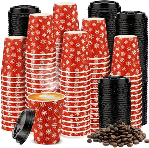 Vista 7 de Maxcheck 100 tazas de Navidad con tapa, taza de café desechables de 12 onzas a granel, papel de pared ondulado aislado para decoración de fiestas