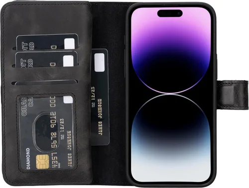 Vista 31 de HARDISTON Funda de piel auténtica de alta calidad hecha a mano para iPhone 7/8 / SE doble folio tarjetero - Funda magnética desmontable - Soporte