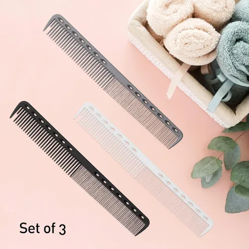Vista 7 de Juego de 3 peines de peluquería de fibra de carbono, peine de corte fino para hombres y mujeres, resistente al calor, negro, gris, blanco