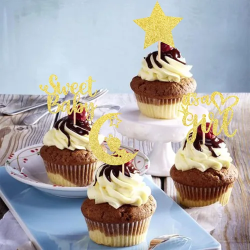 Vista 6 de 36 piezas de decoración para cupcakes con diseño de luna con purpurina de luna y estrella para revelación de género de bebé, baby shower, fiestas