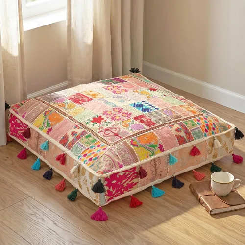 Vista 11 de THE ART BOX Almohadas de Suelo y Fundas de Cojín de Retazos de Algodón Vintage Boho Bordadas, Puf para Perros, Puf de Asiento, Almohada