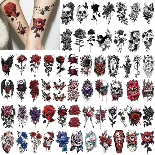 Vista 2 de Tatuajes temporales para hombres y mujeres adultos, 77 hojas de calcomanías de tatuaje falsas, lágrimas de serpiente, relojes, planetas