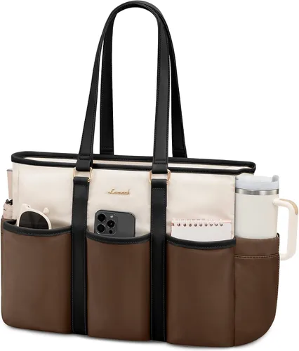 Vista 11 de LOVEVOOK bolso tote vintage para laptop para mujer, Beige-Negro, 15,6 pulg., Moda