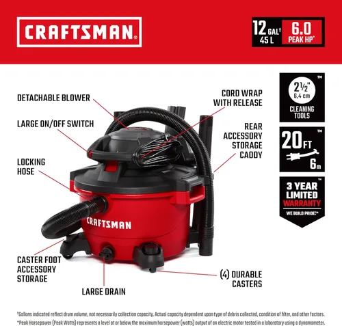 Vista 2 de CRAFTSMAN CMXEVBE17606 Aspiradora en seco y húmedo de 12 galones 6.0 HP con soplador de hojas desmontable, aspiradora portátil para tienda húmeda