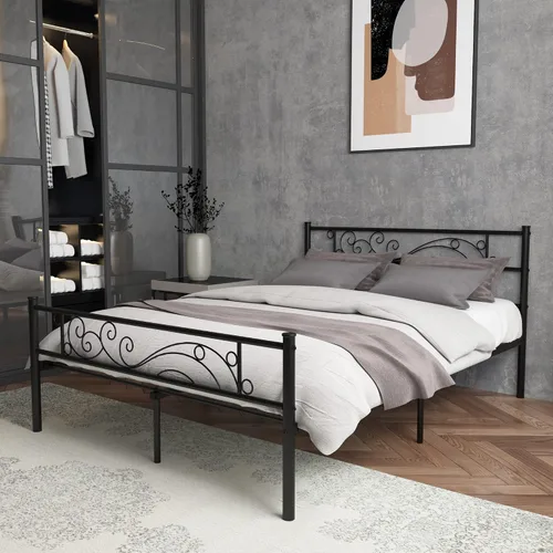 Vista 4 de Base de cama de metal con cabecero y estribo, no necesita somier, plataforma completa, color negro