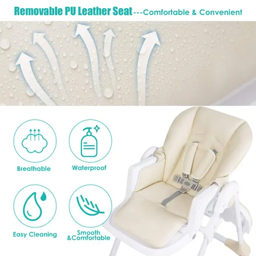 Vista 8 de BABY JOY Silla alta convertible para bebés y niños pequeños, altura ajustable, silla alta Grow & Go con reclinable y reposapiés, bandeja doble Beige