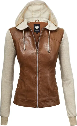 Vista 44 de Lock and Love Chaqueta Abrigo de Moto Motociclista de Piel Sintética para Mujer con Capucha Extraíble o No Extraíble Wjc1044_negro