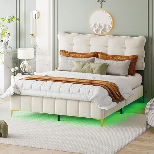 Vista 35 de Cama de plataforma flotante, marco de cama de madera tamaño individual con rayas claras, tela de lino suave y cabecera de diseño capitoné