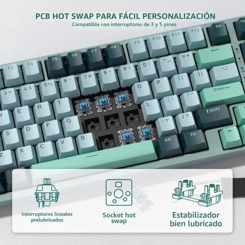 Vista 4 de LTC Nimbleback NB981 - Teclado mecánico inalámbrico al 95%, 2.4G/BT/USB-C con cable RGB 98 teclas, amortiguador de 3 capas, PCB de intercambio