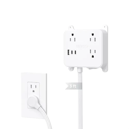 Vista 9 de TROND Regleta de alimentación de enchufe plano, cable de extensión corto de 3 pies con 3 salidas de CA, estación de carga de montaje en pared con 2