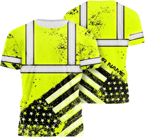 Vista 10 de Camisa de alta visibilidad de calavera con bandera de Estados Unidos para hombres, camisas de seguridad con nombre personalizado, ropa de trabajo