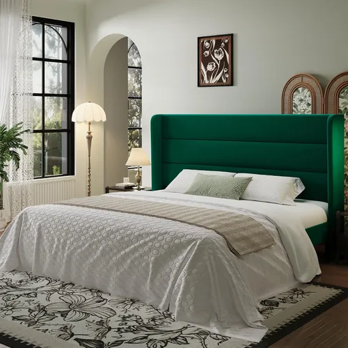 Vista 17 de SHA CERLIN - Base de cama tamaño Full con cabecera tapizada en terciopelo y diseño acanalado vertical; plataforma de cama tapizada con listones