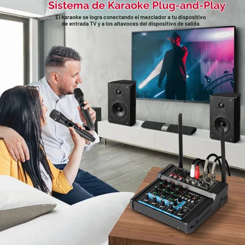 Vista 4 de Aveek - Mezclador de audio amplificador de 150 W x2, 4 canales con 2 micrófonos inalámbricos