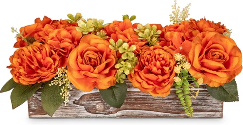 Vista 18 de DILATATA Arreglo floral con jarrón de madera, flores artificiales de 10 pulgadas en maceta, flores falsas en jarrón rectangular de madera blanco