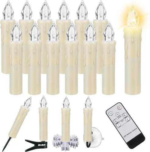 Vista 7 de 3 Piezas Velas de Árbol de Navidad Sin Llama con Control Remoto y Temporizador, Funcionan con Baterías con Llama Parpadeante 3D, Velas Cónicas de 7