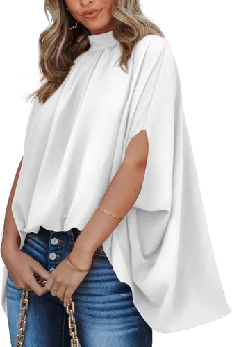 Vista 151 de BTFBM Blusas de verano para mujer, cuello alto falso, manga murciélago, holgadas, dobladillo alto y bajo, blusas informales de gran