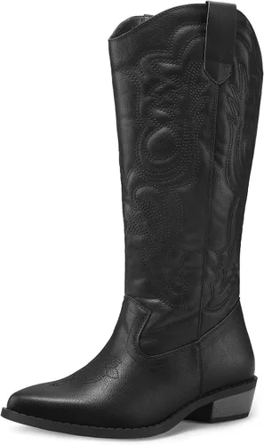 Vista 14 de mysoft Botas vaqueras para mujer de media pantorrilla bordadas estilo occidental de punta puntiaguda con tacón grueso tipo pull-on hasta la rodilla