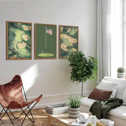 Vista 3 de Juego de 3 arte de pared vintage de golf, pinturas deportivas de mediados de siglo, arte de paisaje de campo de golf verde retro, cuadro de arte