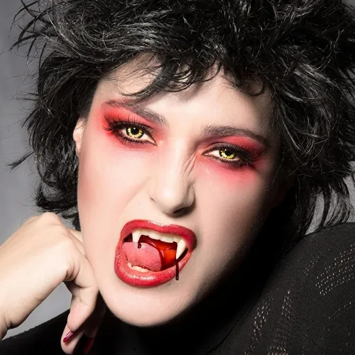 Vista 4 de Zhanmai 12 pares de disfraz de dientes de vampiro, 4 tamaños, colmillos falsos con 2 pellets de dientes para accesorios de cosplay, accesorios