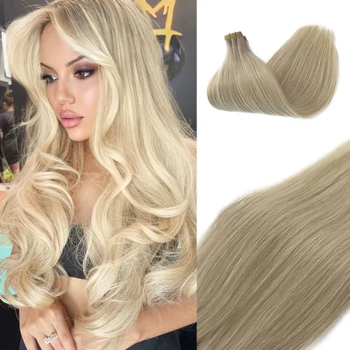 Vista 27 de Extensiones adhesivas rubias de cabello humano brasileño grado 9A, #60 rubio platino, cinta en 12 pulgadas, 20 unidades por juego, extensiones