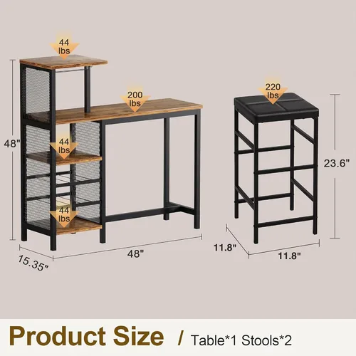 Vista 2 de VECELO Juego de mesa y sillas de bar para 2, juego de comedor de 3 piezas con estantes de almacenamiento, portavasos y estante para vinos, taburetes