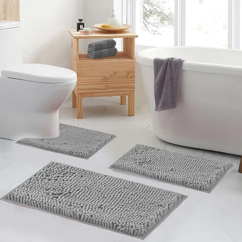 Vista 4 de Juegos de Alfombras de Baño de 2 Piezas de Chenilla Suave Antideslizantes Alfombras de Baño Absorbentes Peludas, Alfombra de Bañera, Alfombras Gris
