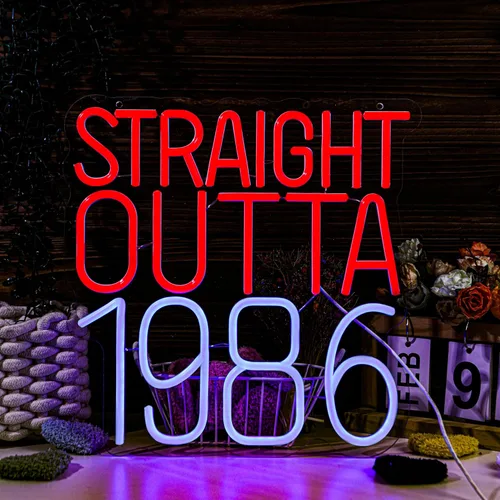 Vista 9 de Straight Outta - Letreros de neón de 1986 con texto en inglés "Happy Birthday", lámpara brillante para 40 años, 40 años, luces de neón retro