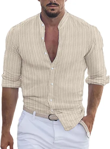 Vista 26 de Camisa de lino de algodón para hombre, manga larga con botones, cuello alto con bandas para playa y verano