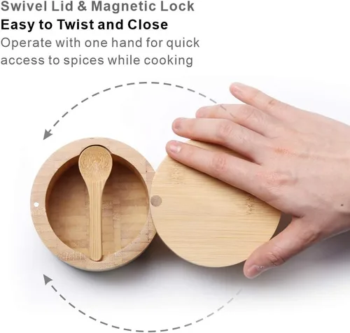 Vista 9 de KITCHENDAO Caja de cuenco de sal y pimienta de bambú, doble capacidad de 7 onzas y sótano de sal de bambú, 6 onzas