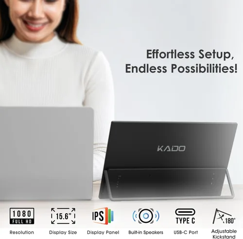 Vista 2 de Kado Monitor portátil de 15.6 pulgadas FHD 1080p, 45 W, carga inversa, monitor ultradelgado para computadora portátil, 1920 x 1080 con altavoces