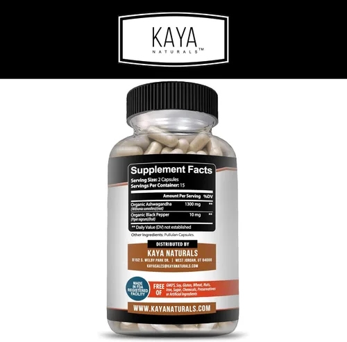 Vista 2 de Kaya Naturals Raíz de Ashwagandha con pimienta negra Suplemento adaptógeno de máxima fuerza de 1300 mg, ayuda a la salud suprarrenal, glandular