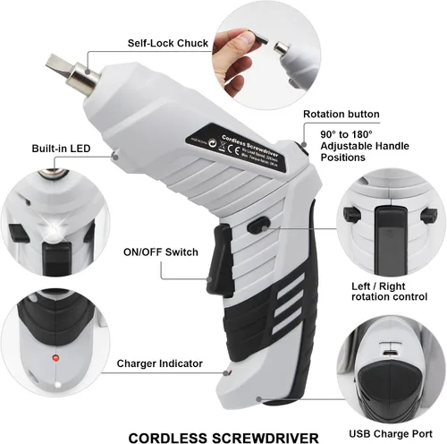 Vista 3 de Pequeño destornillador eléctrico, mini juego de taladros, destornillador inalámbrico recargable de 3.6 V con 47 puntas de controlador, herramienta
