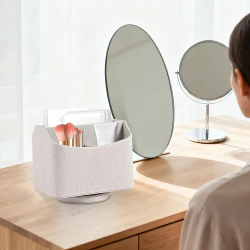 Vista 4 de Soporte de cuero para control remoto giratorio de 360 grados, organizador giratorio de escritorio para mandos a distancia de TV, bolígrafo, Beige