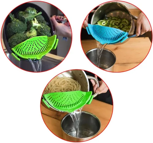 Vista 2 de DaKuan - Colador a presión, 2 paquetes de colador de manos libres con clip, resistente al calor, boquilla para pasta, fideos vegetales, olla y sartén