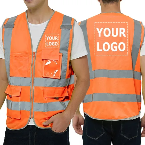 Vista 9 de TopTie Personaliza tu logotipo reflectante chaleco de seguridad cremallera frontal con 9 bolsillos, cumple con las normas ANSI/ISEA Clase 2