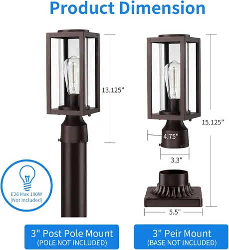 Vista 8 de Luces de Poste Exterior Accesorio de Lámpara de Poste Paquete de 2, Accesorio de Farol de Poste Exterior Moderno Marrón con Vidrio Templado, Postes