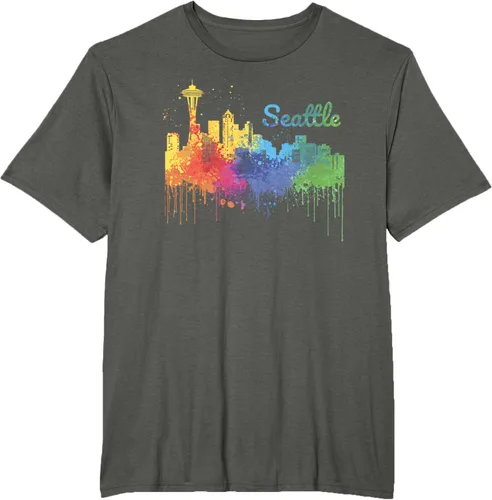 Vista 4 de Seattle Washington Skyline Watercolor Souvenir Seattle Camiseta, Negro