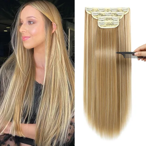 Vista 33 de REECHO - Juego de 4 extensiones de cabello sintético con clip de 12 pulgadas, 14 pulgadas y 16 pulgadas, lacio, largo y grueso, marrón oscuro
