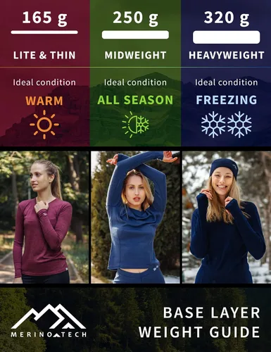 Vista 2 de Merino.tech Conjunto de capa base de lana merino para mujer, ropa interior térmica ligera de lana merino de peso medio para mujer, parte superior e