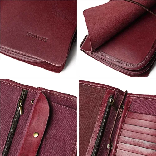 Vista 5 de ZUOYOUZ Cartera de cuero para mujer con cremallera de gran capacidad Rojo vino Vintage