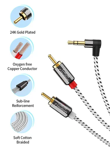 Vista 3 de CableCreation Cable de audio de 3,5 mm a RCA, ángulo de 3,5 mm macho a 2RCA macho estéreo auxiliar audio divisor en Y chapado en oro para teléfonos