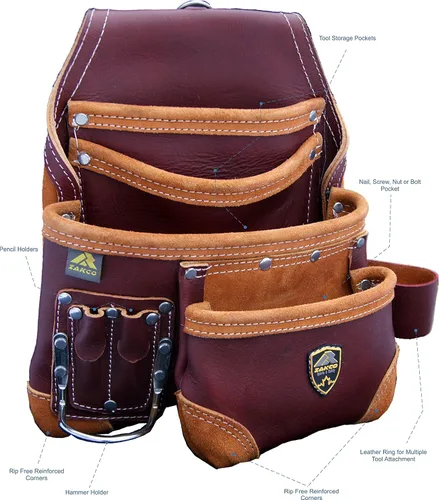 Vista 3 de PRO-15 - Cinturón de cuero y uñas de carpintero de 8 bolsillos con bolsa de herramientas de cuero genuino (MAROON)