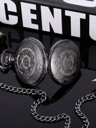 Vista 6 de Reloj de bolsillo de cuarzo para hombre con esfera negra y cadena