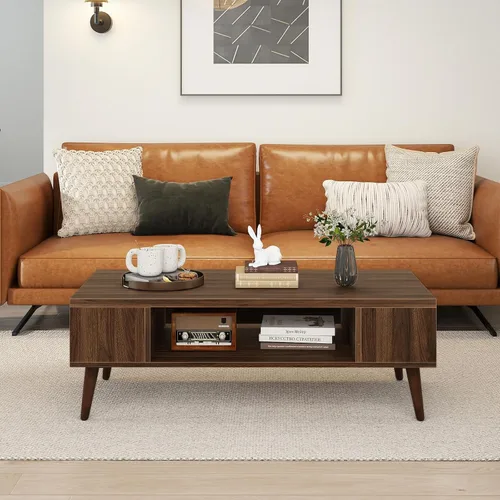 Vista 8 de Giantex Mesa auxiliar moderna de mediados de siglo, mesa central rectangular de 42 pulgadas con 2 estantes de almacenamiento y compartimento
