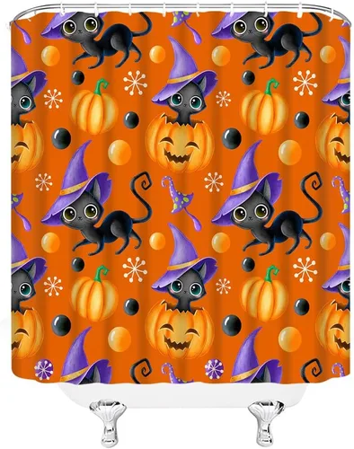 Vista 11 de Cortina de ducha de Halloween, castillo aterrador, calabaza, camión, calavera, murciélago de terror, luna llena, bruja, tela gótica, juego