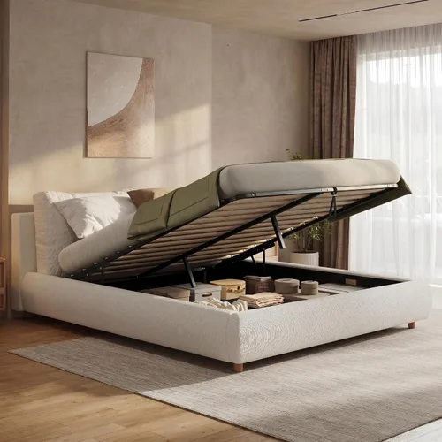 Vista 16 de Merax Cama de plataforma tapizada de tela Boucle tamaño Queen con dos cabeceras de almohada extraíbles, marco de cama de madera con patas redondas